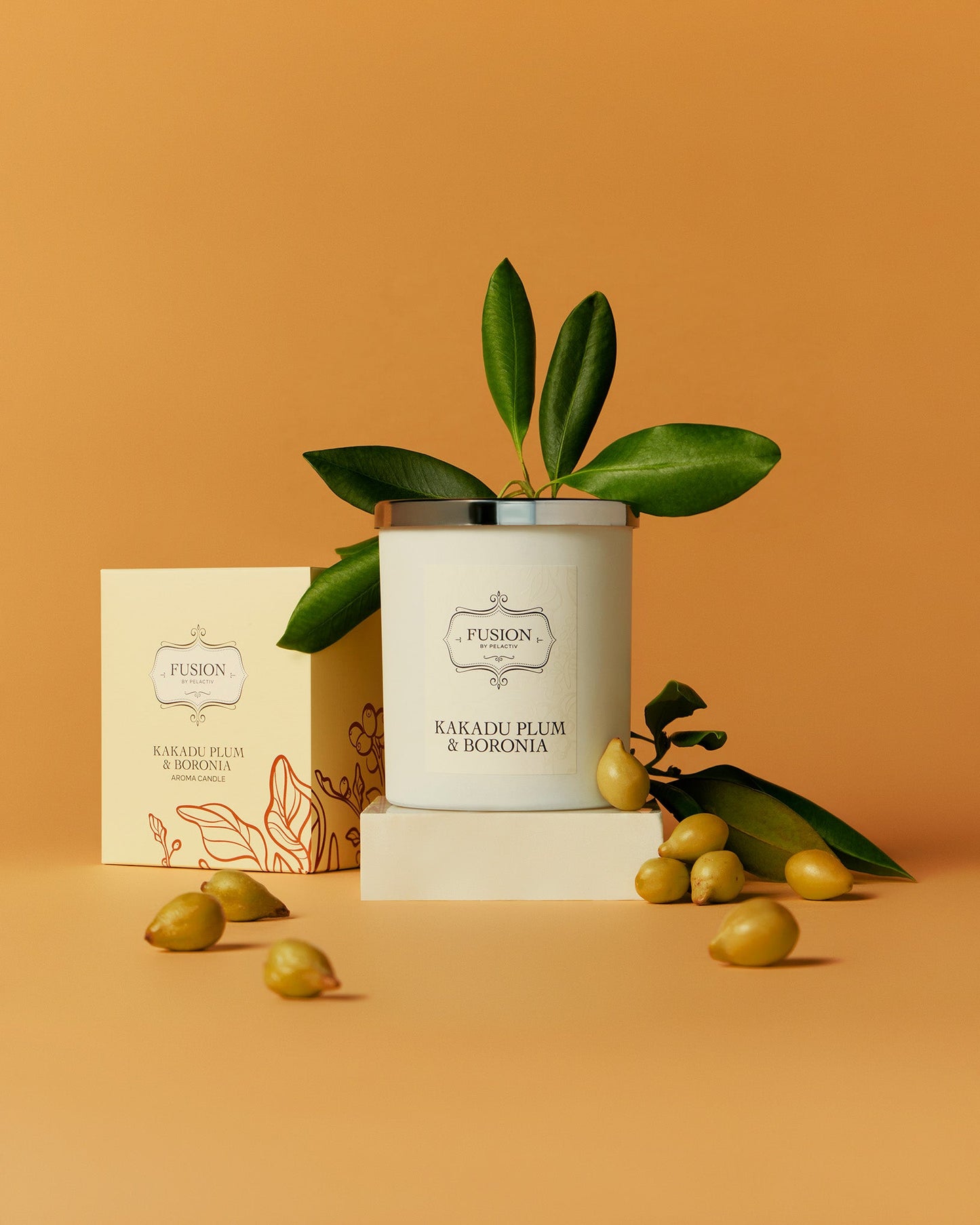 A white candle labeled "Fusion Kakadu Plum and Boronia" with green leaves on top sits beside a matching box on an orange background. Small Kakadu Plums scattered around convey freshness.