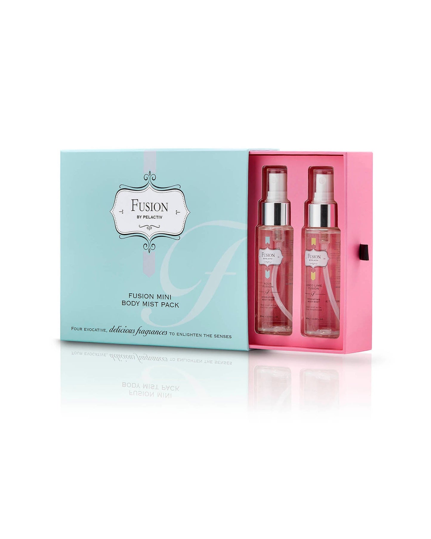 Blue and pink box of "Fusion Mini Body Mist Pack" by Pelactiv. The box is open, revealing two out of the four clear bottles with silver spray tops in the pack. Elegant and fresh.