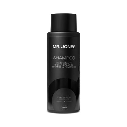 Black shampoo bottle labeled 'MR. JONES Shampoo' on a white background